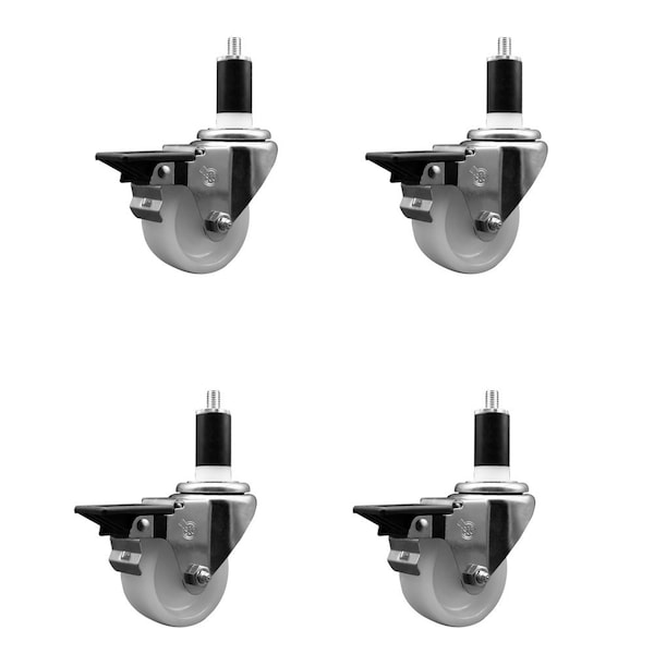3'' Nylon Swivel 1-3/8'' Expanding Stem Caster Set with Brake, 4PK